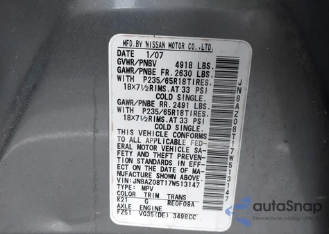 2007 Nissan Murano Sl z USA, uszkodzony, nr VIN JN8AZ08T17W513147